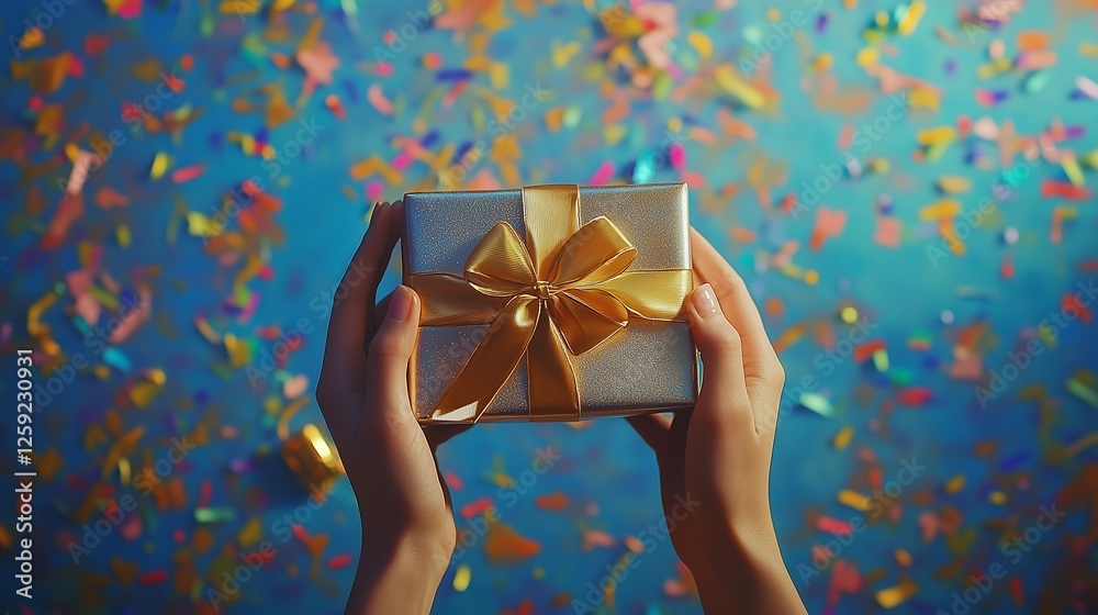 Woman's hands holding gold gift box. Woman hands gift to a woman in a box. Greeting card with confetti on blue background for holidays. A woman's hands grasping a lifestyle golden gift box.