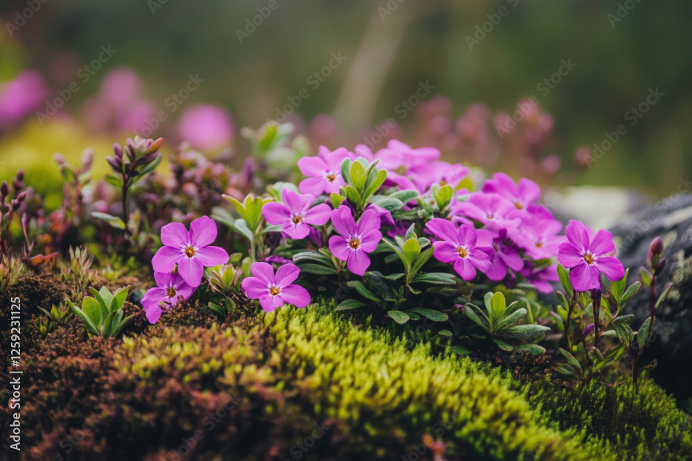 Obraz premium Purple flowers are growing on a moss covered ground in the dark