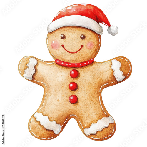 Gingerbread Man Smiling Cheerfully in a Festive Santa Hat with a Joyful Expression