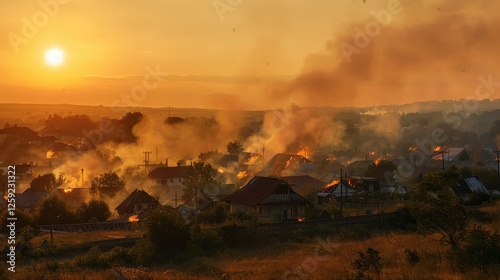 Burning Village at Sunset with Buildings Aflame in Golden Light
