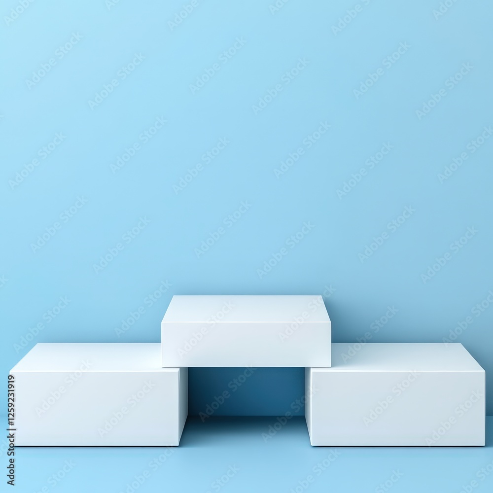 White square podiums on abstract blue background for event stage displaying modern minimalist design White square podiums on abstract blue background for event stage displaying modern minimalist design