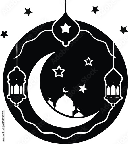 Islamic prayer silhouette with crescent moon and stars vector illustration 