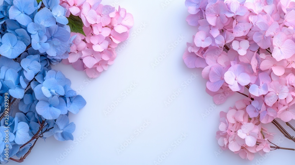 Fototapeta premium Pastel Pink and Blue Hydrangea Floral Arrangement on White
