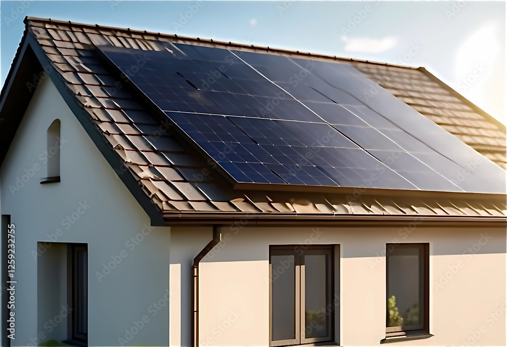 Fototapeta premium A modern house with solar panels installed on the roof, utilizing renewable energy for sustainable living. The clear blue sky highlights the eco-friendly technology, Generative AI