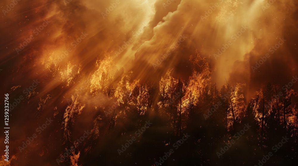 Obraz premium Dramatic Forest Fire Engulfing Trees in Fiery Blaze