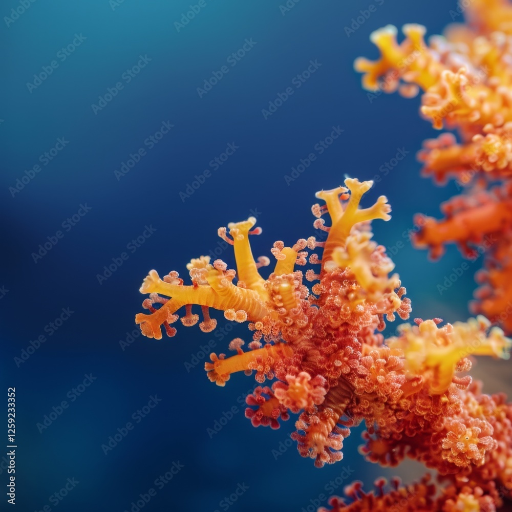 Fototapeta premium Vibrant Close-Up of Orange Coral Against a Blue Underwater Background