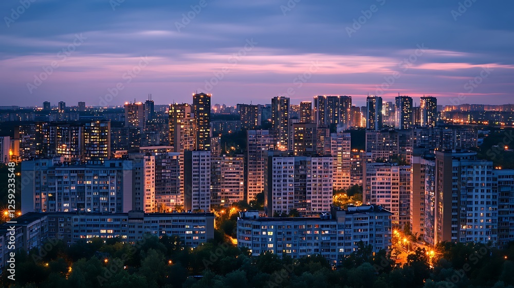 Obraz premium Twilight Cityscape: A Panoramic View of Urban Skyline at Dusk