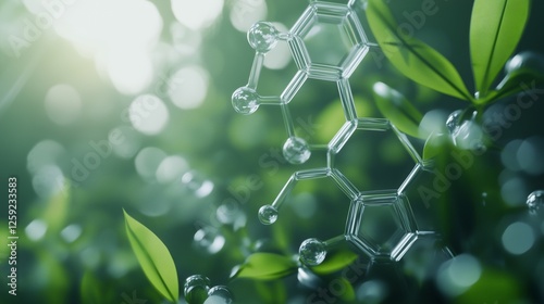 A molecule is seen in the background. Green sustainability 2023 chemistry. Environmental innovation and eco-friendly chemicals practices. A molecule can be observed in lifestyle the background.