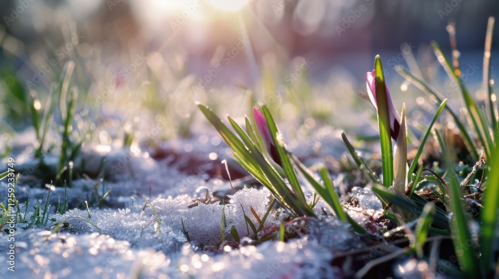 Close-up of grass with melted ice and snow on the lens Close-up of grass with melted ice and snow on the lens