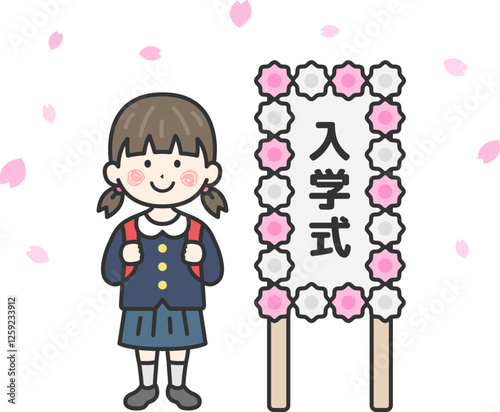 入学式の日の、小学生の女の子（線画）のイラスト