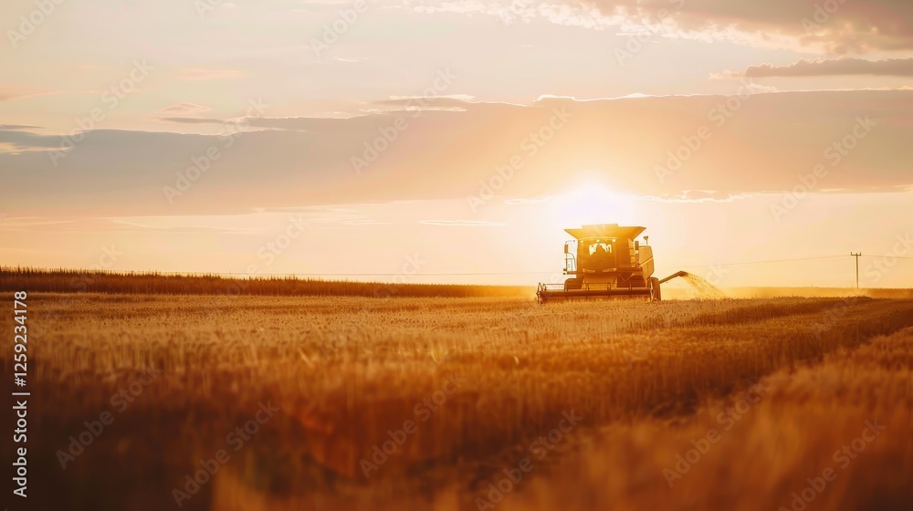 Fototapeta premium Combine harvester working at sunset in golden grain field