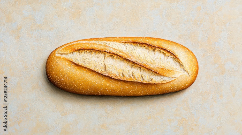 Freshly Baked Bread Loaf on Beige Background with Golden Crust and Soft Inside Texture