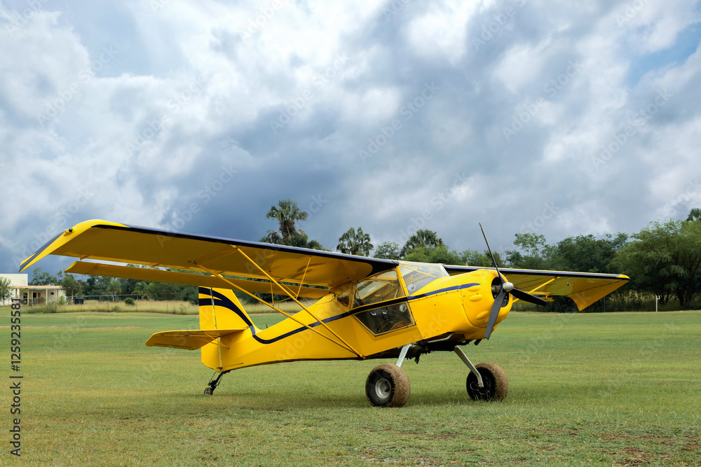 View of beautiful modern airplane on autumn day outdoors View of beautiful modern airplane on autumn day outdoors