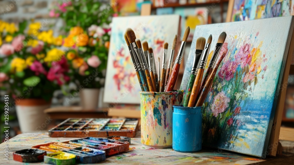 Obraz premium Painting supplies: brushes, paints, canvases on artist’s table with colorful studio and artworks backdrop. Emphasizing creative process and art environment.
