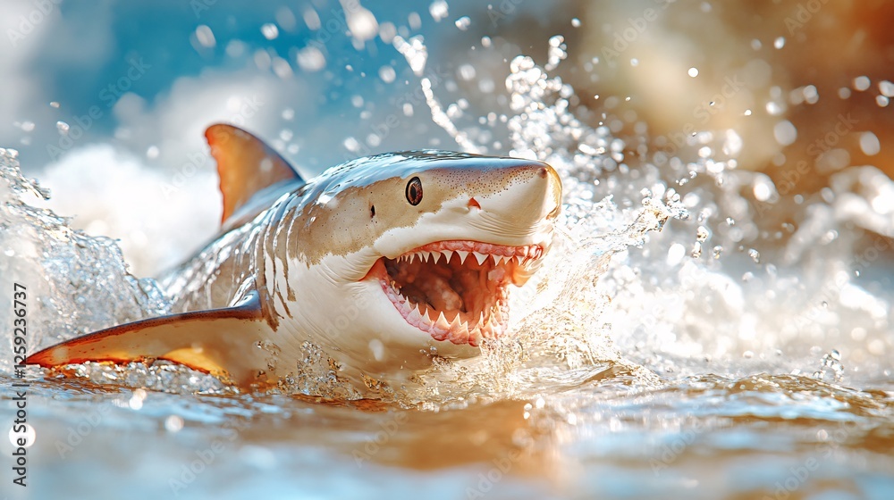 Fototapeta premium Powerful Shark Breaching Water Surface with Sharp Teeth and Vibrant Splashes Captured in Motion