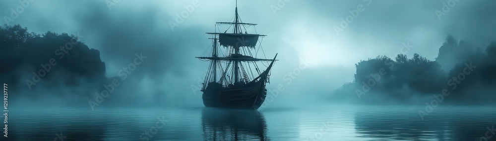 Fototapeta premium Ghostly ship sailing through misty waters haunted tales 3D render Triadic Color Scheme