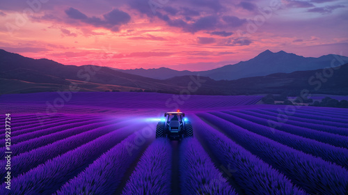 Breathtaking Aerial View of a Lavender Field at Sunset with a Futuristic Tractor and Scenic Horizon.
