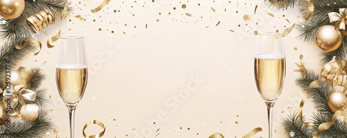 Sparkling champagne glasses with golden christmas decoration on beige background