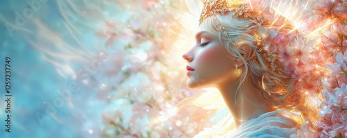 Ethereal goddess surrounded by divine light celestial myths water color Split-complementary color scheme