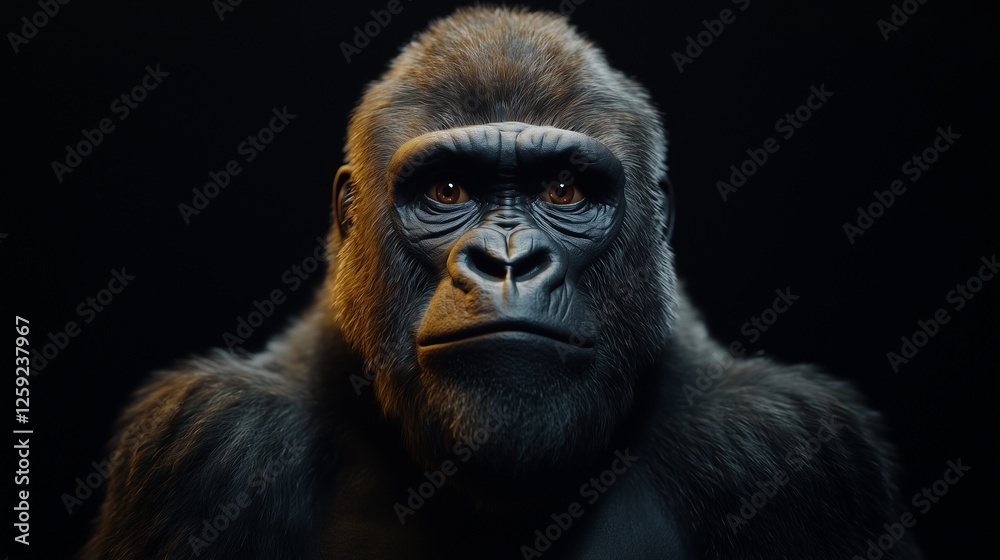 Obraz premium Gorilla in the dark. Portrait of dominant gorilla with silverback and a powerful anthropoid. A stern ai face with a black background. A gorilla in lifestyle the shadows.