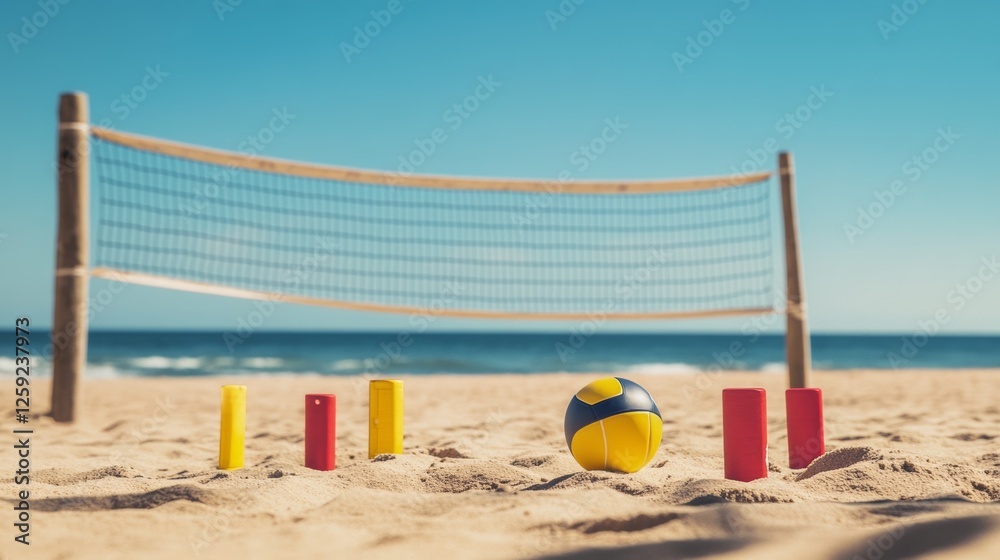 Beach volleyball equipment: net, ball, markers set up on sandy beach with ocean and blue sky backdrop. Emphasizing the fun and active nature of beach volleyball.