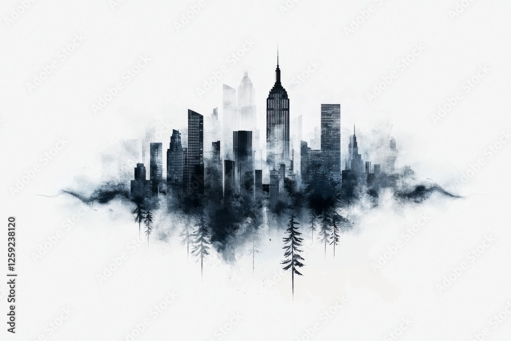 Fototapeta premium Abstract Black and White Silhouette of a City Skyline with Trees and Fog