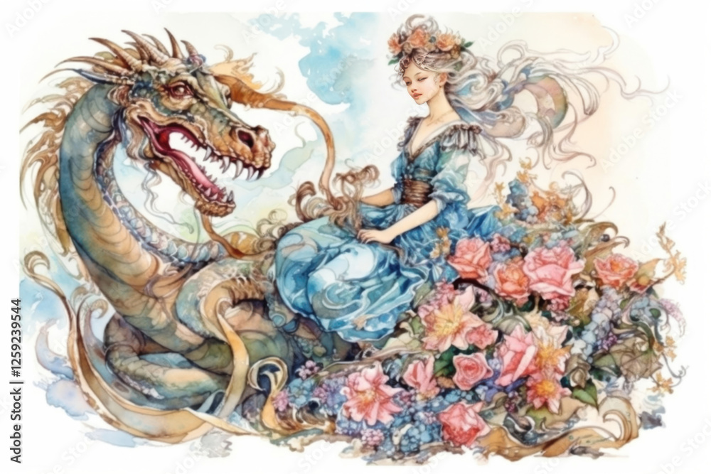 Obraz premium princess and dragon among flowers on a white background., watercolor style, Generative AI