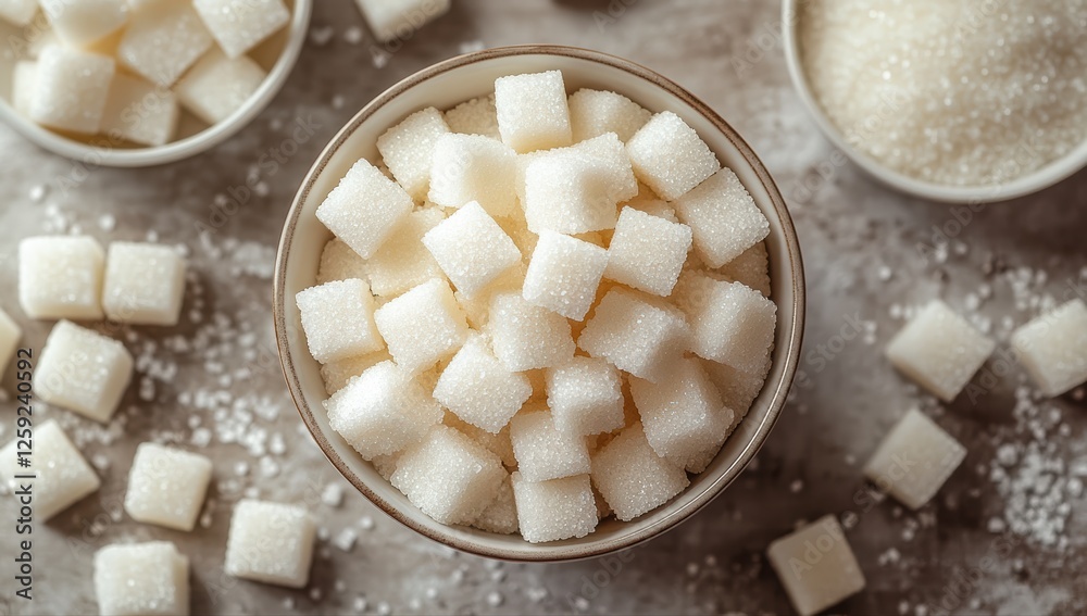 A bowl filled with white sugar cubes sits atop a rustic wooden table. Loose sugar is scattered around, adding to the sweet atmosphere of the setting A bowl filled with white sugar cubes sits atop a rustic wooden table. Loose sugar is scattered around, adding to the sweet atmosphere of the setting