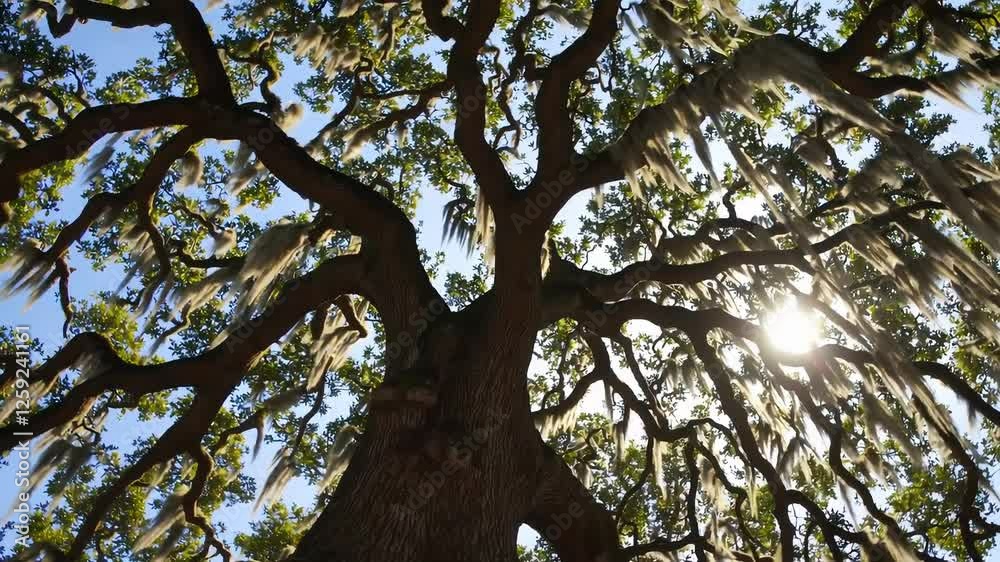 Sunlight piercing through oak tree branches with spanish moss in majestic forest scene