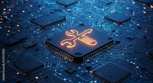 Chip Repair Service Icon on Motherboard with Circuitry and Glow