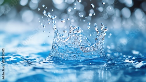 A splash of water breaks the calm surface of a bright blue pool, sending droplets airborne. The sunlight enhances the shimmering effect of the water, creating a relaxing atmosphere photo