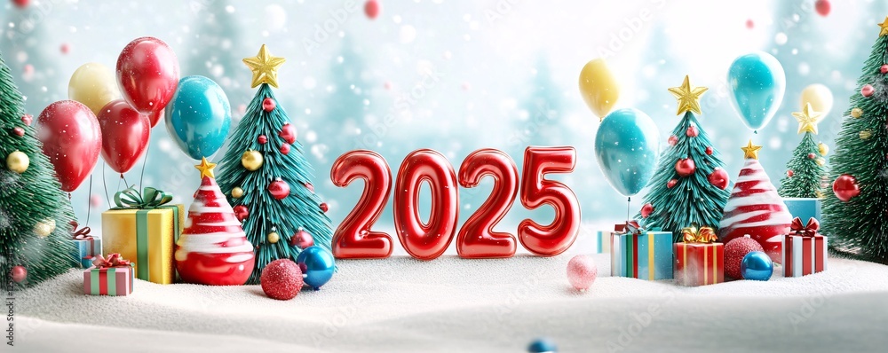 Obraz premium Christmas snow globe celebrating new year 2025 with presents and balloons