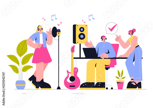 Music Production Illustration featuring People Listening to and Music Recording an Audio Podcast or Online Show with Professional Studio Equipment