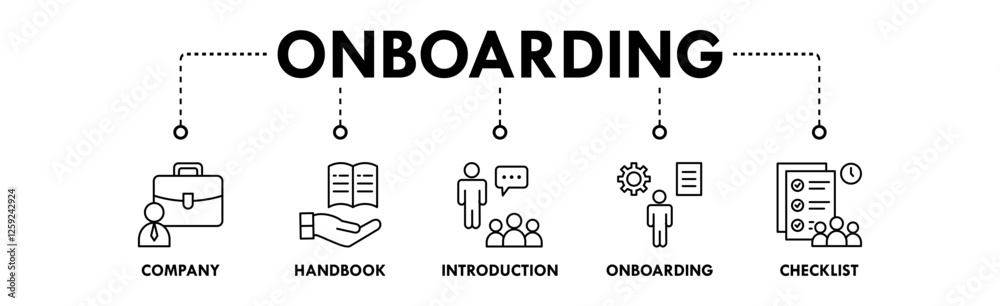 Onboarding banner web icon vector illustration concept with icons of company, handbook, introduction, onboarding, and checklist Onboarding banner web icon vector illustration concept with icons of company, handbook, introduction, onboarding, and checklist