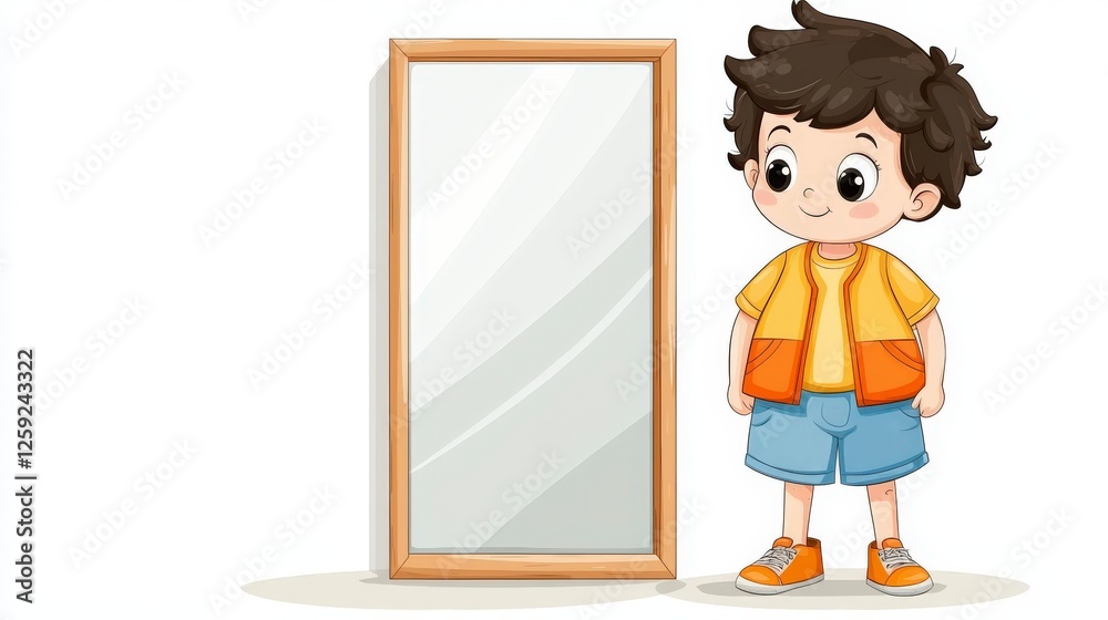 Happy child standing beside a full-length mirror in a cheerful and colorful room setting with bright lighting Happy child standing beside a full-length mirror in a cheerful and colorful room setting with bright lighting