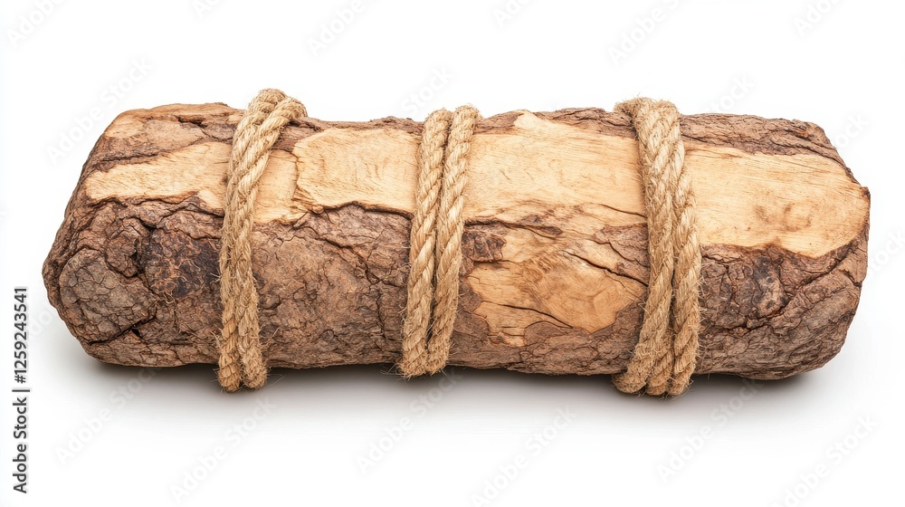 Rustic Brown Log Bound with Hemp Rope on White Background Rustic Brown Log Bound with Hemp Rope on White Background