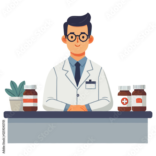 Smiling Pharmacist at Pharmacy Counter Illustration