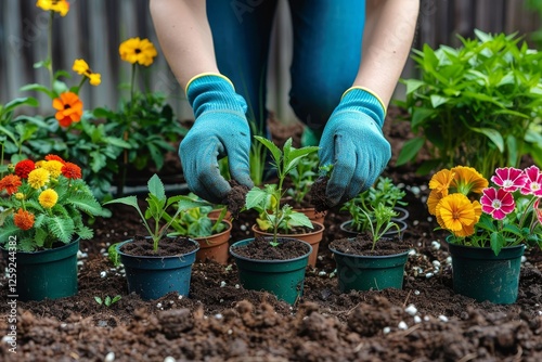 Fototapeta Naklejka Na Ścianę i Meble -  In a lush greenhouse a gardener uses gloves to carefully plant marigold seedlings in pots surrounded by blooming flowers during the busy spring planting season.