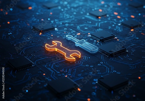 Digital Circuit Board Repair Concept with Screwdriver and Wrench Icon