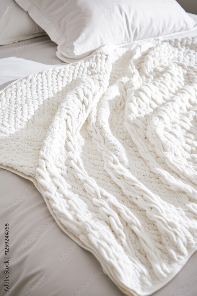 Obraz premium Cozy white knitted blanket draped over a neutral bed with soft pillows in a serene bedroom setting