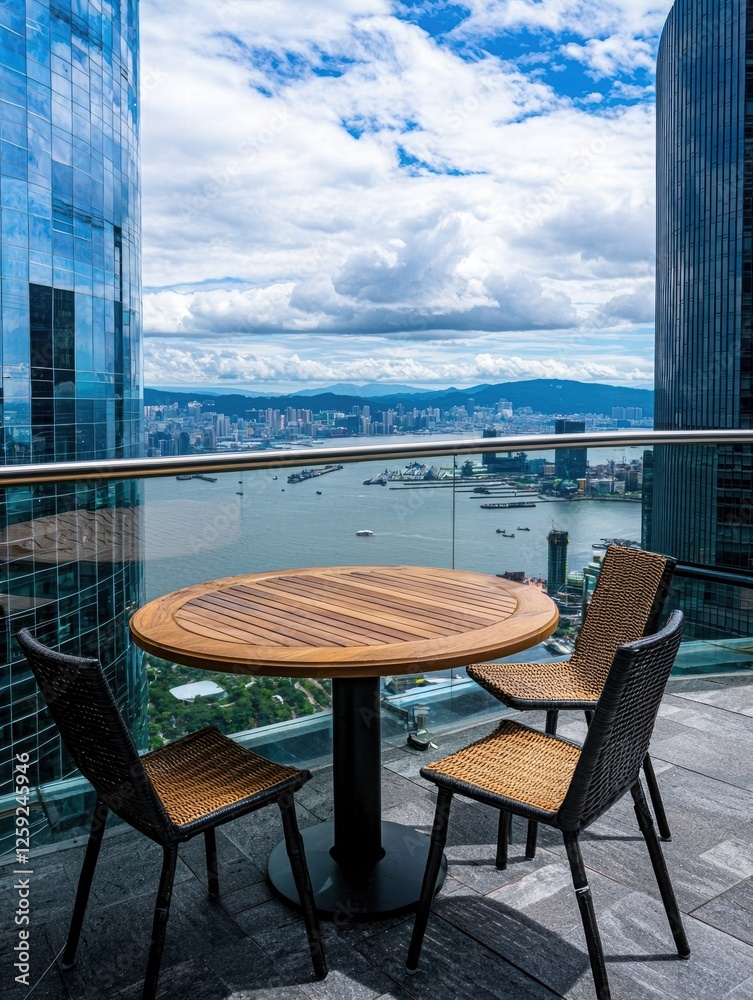Fototapeta premium Captivating Image of a Skyscraper Rooftop Terrace with Wooden Table and Chairs Overlooking Cityscape