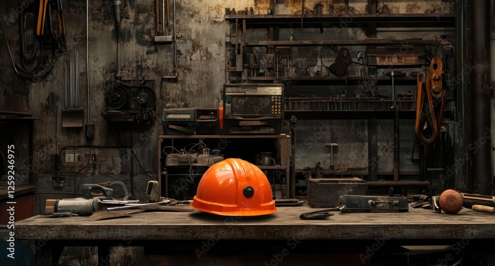 Rusty Workshop, A Miner's Helmet on a Workbench Rusty Workshop, A Miner's Helmet on a Workbench