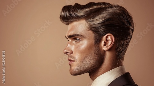 vintage inspired studio portrait features young man meticulously styled 1920s side part haircut.