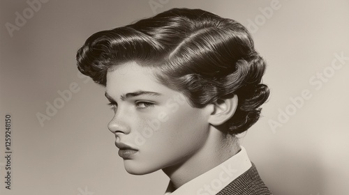 sharp side part haircut from 1920s styled pomade for sleek finish against sepia toned backdrop highlighting vintage elegance.