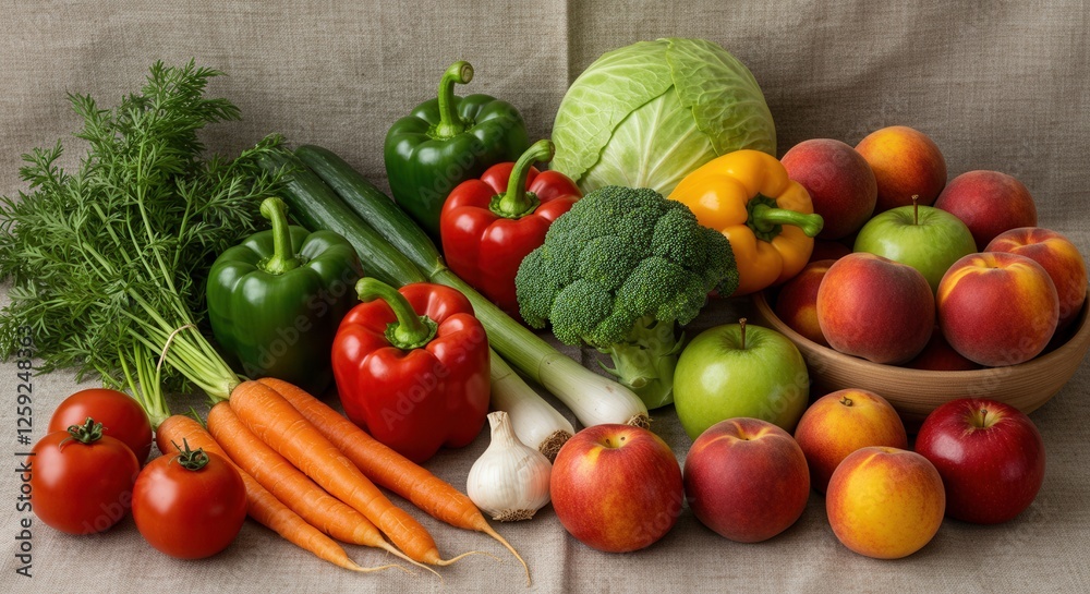 Fresh Vegetables and Fruits Still Life Arrangement with Vibrant Colors Fresh Vegetables and Fruits Still Life Arrangement with Vibrant Colors