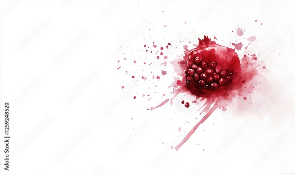Pomegranate watercolor painting, red seeds, white background, artistic splash, food blog Pomegranate watercolor painting, red seeds, white background, artistic splash, food blog