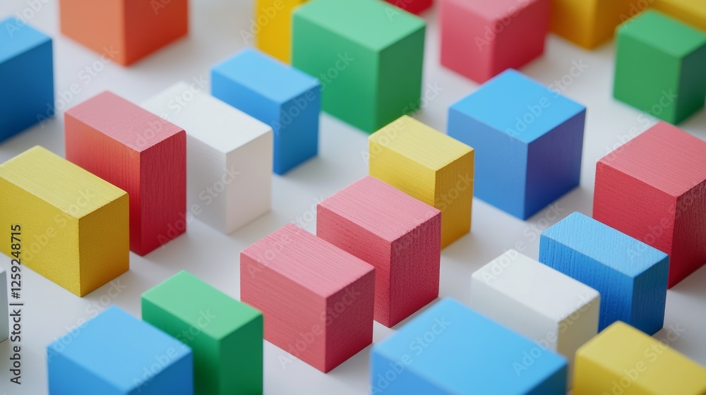 Building blocks forming a simple geometric pattern on a white surface. Featuring a variety of colors and shapes. Emphasizing creativity and design. Ideal for educational and creative visual content. Building blocks forming a simple geometric pattern on a white surface. Featuring a variety of colors and shapes. Emphasizing creativity and design. Ideal for educational and creative visual content.