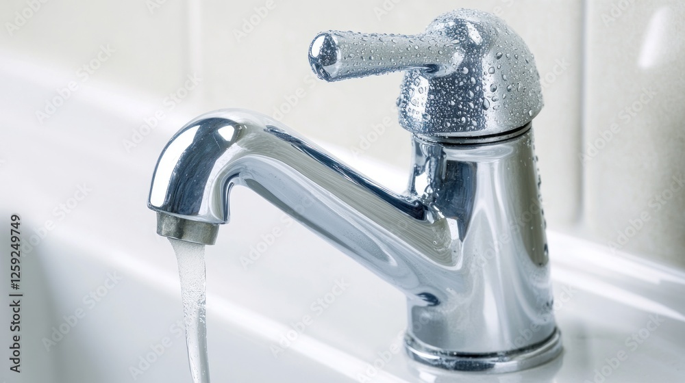 Chrome faucet running water bathroom tile background Chrome faucet running water bathroom tile background