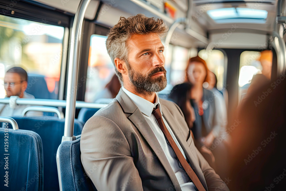 Mature businessman in a suit commuting on a city bus, reflecting on the day ahead. Surrounded by diverse passengers, he appears focused and thoughtful Mature businessman in a suit commuting on a city bus, reflecting on the day ahead. Surrounded by diverse passengers, he appears focused and thoughtful