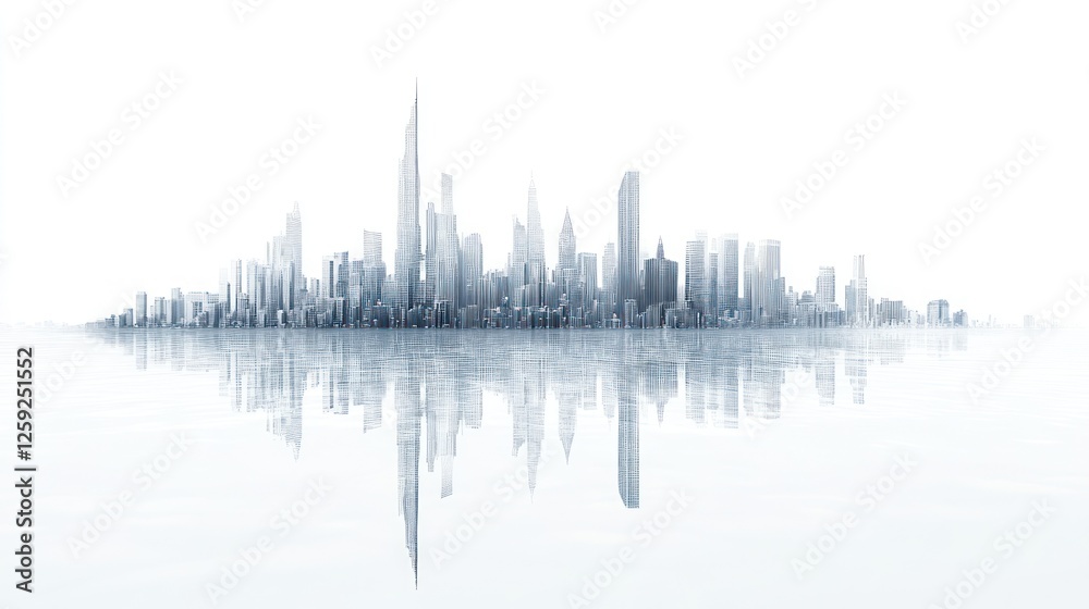 Naklejka premium Modern city skyline reflecting, urban landscape, futuristic design, white background, presentation